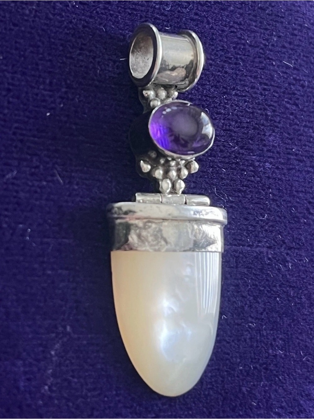 Vintage Sterling Silver Amethyst and Mother-of-Pearl Hinged Pendant